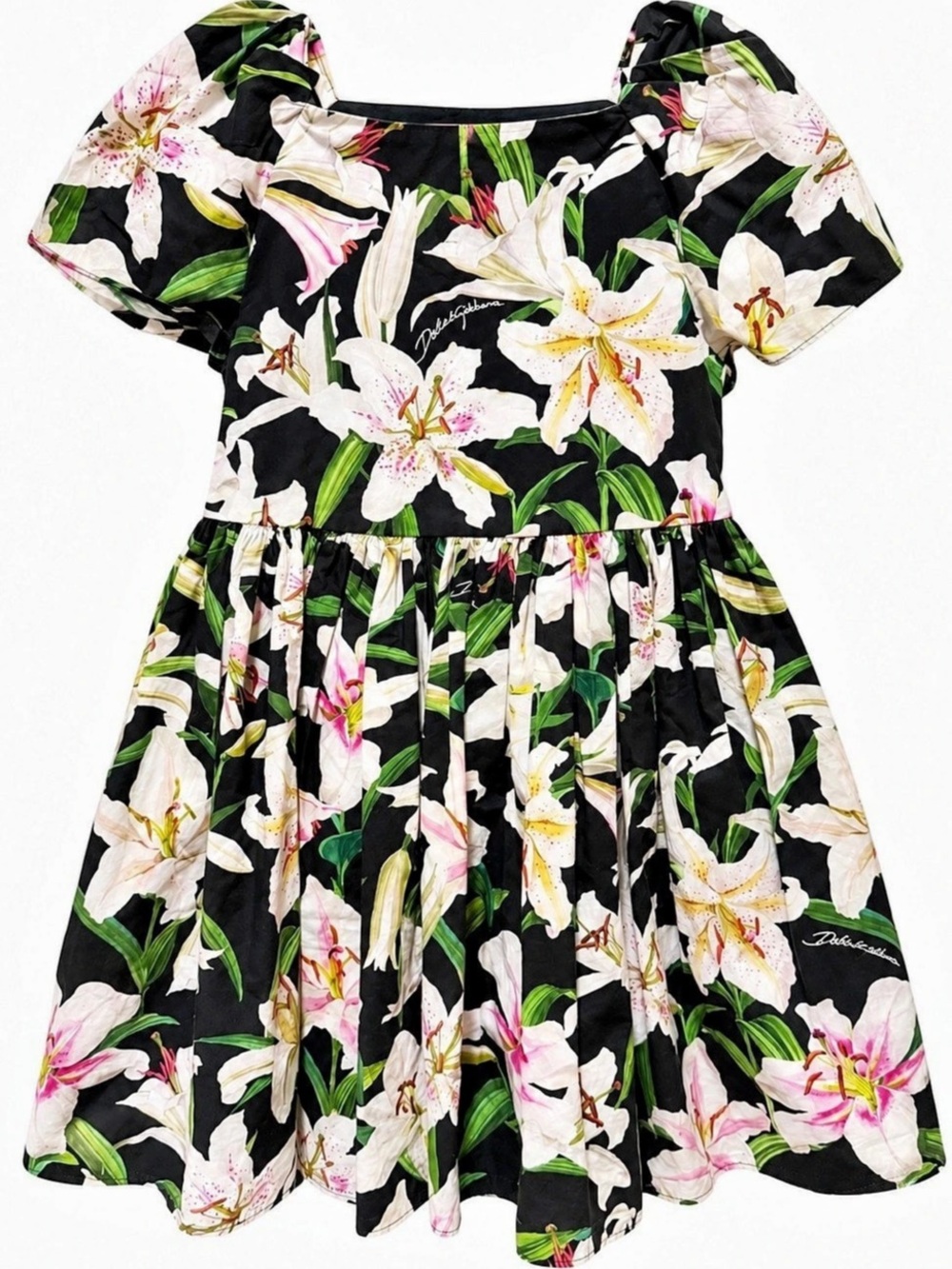 Authentic Dolce & Gabbana Girls Lily Print Cotton Poplin Dress Size 4
